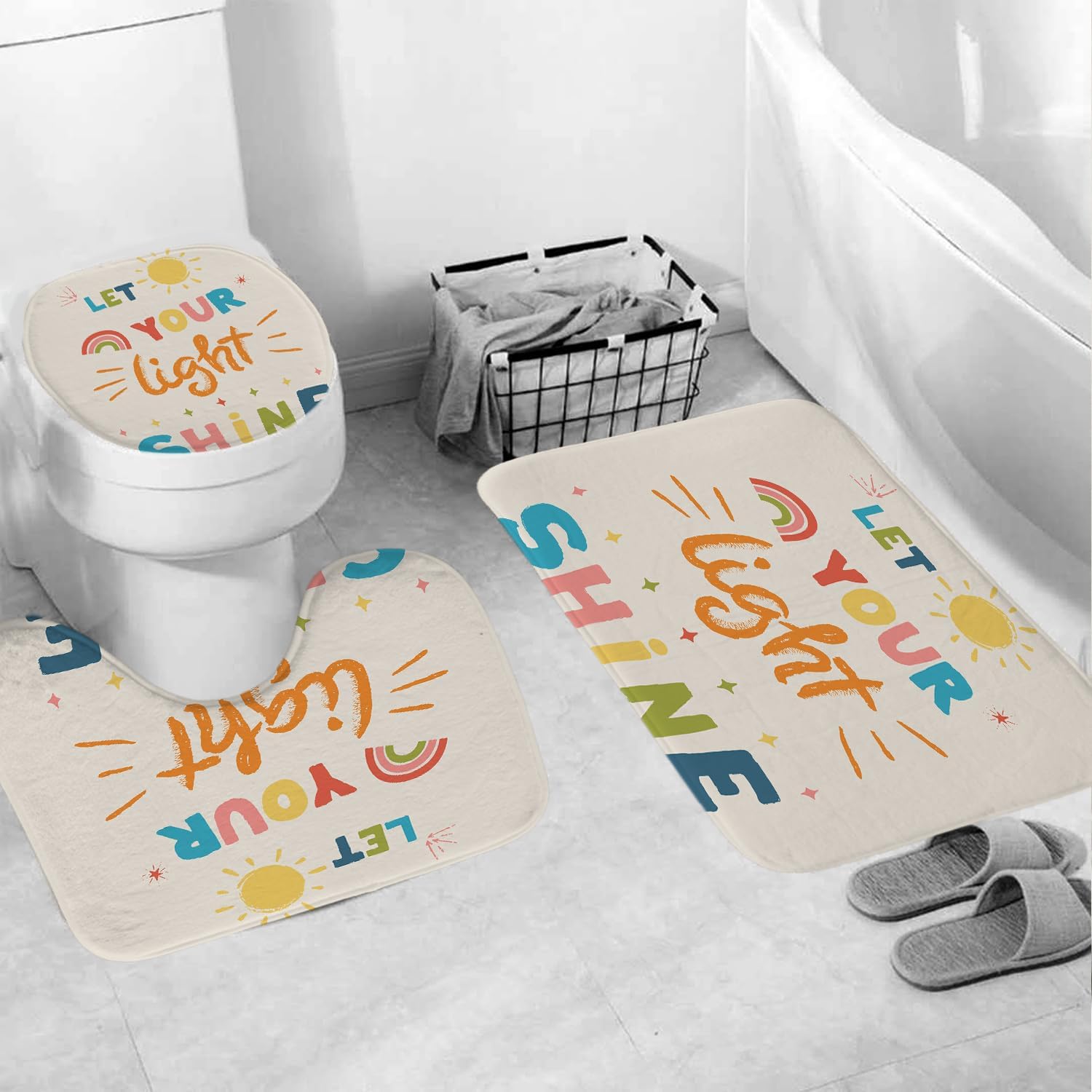 4PCS Non-Slip Kids Bathroom Shower Curtain Set with Quotes