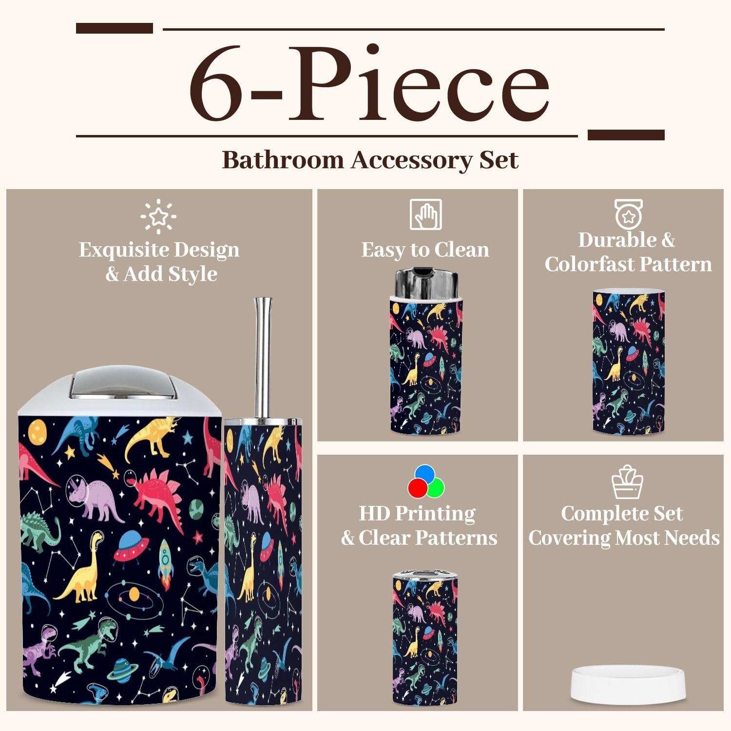 Bathroom Set 6-Piece Boho Astronaut Dinosaur Bathroom Set