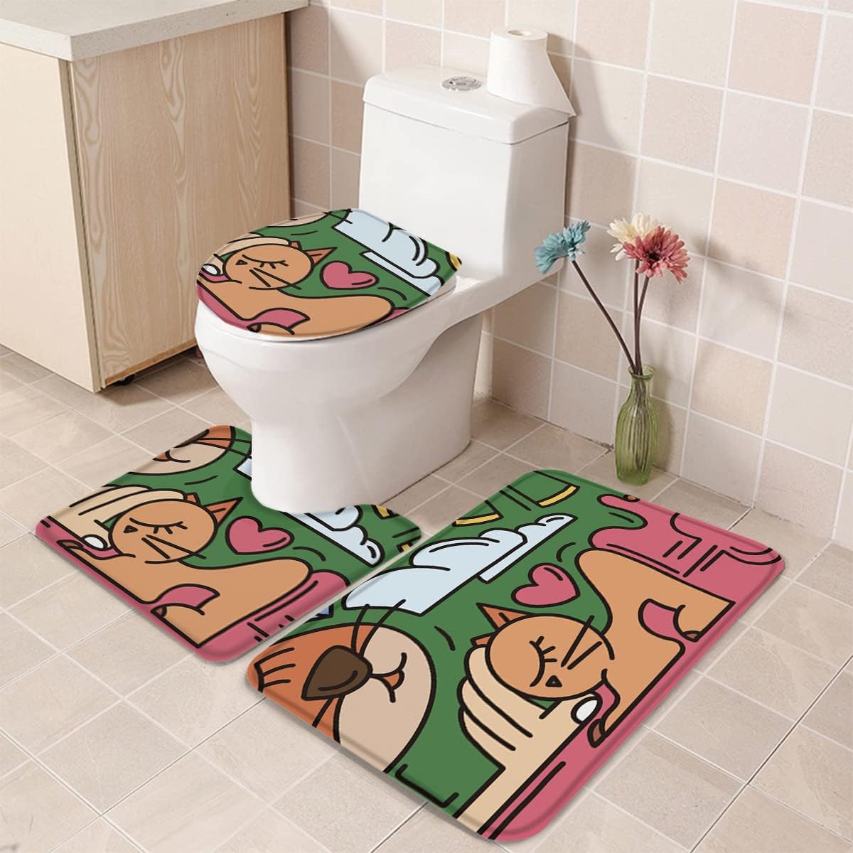 U-Shape Bathroom Mat Set Toilet Cover Abstract Cartoon Non-Slip Machine Washable