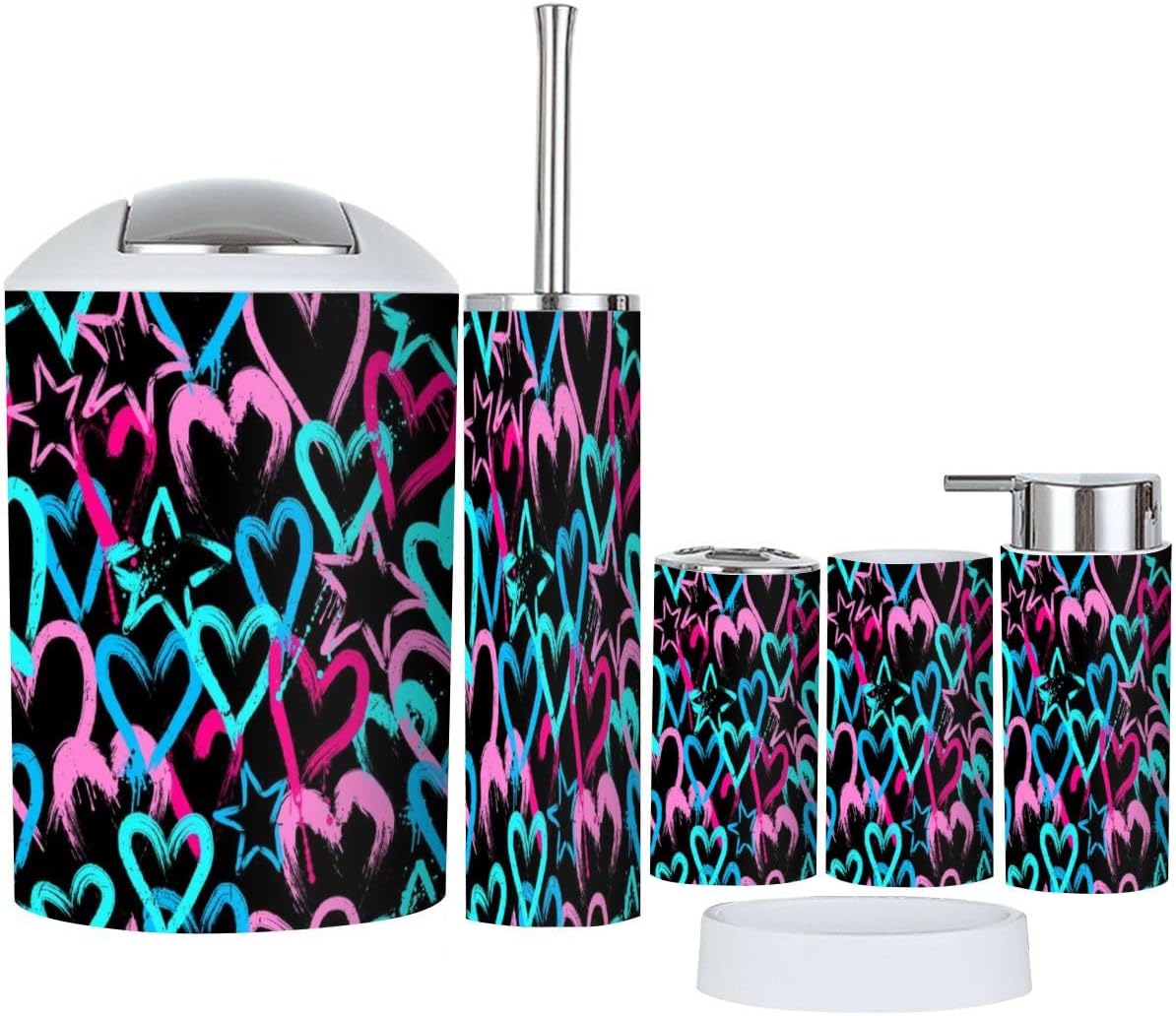 Bathroom Accessory Set by XNGJEMVWXO - 6 Piece Bright Hearts Stars Design
