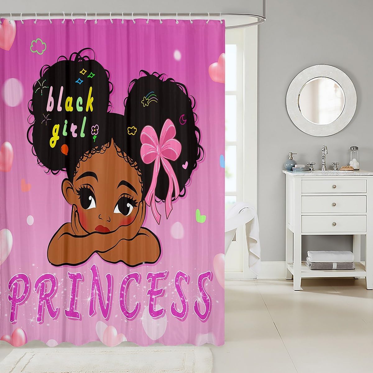 Magical Black Girls Waterproof Bath Curtain Little Princess Kids Shower Curtain