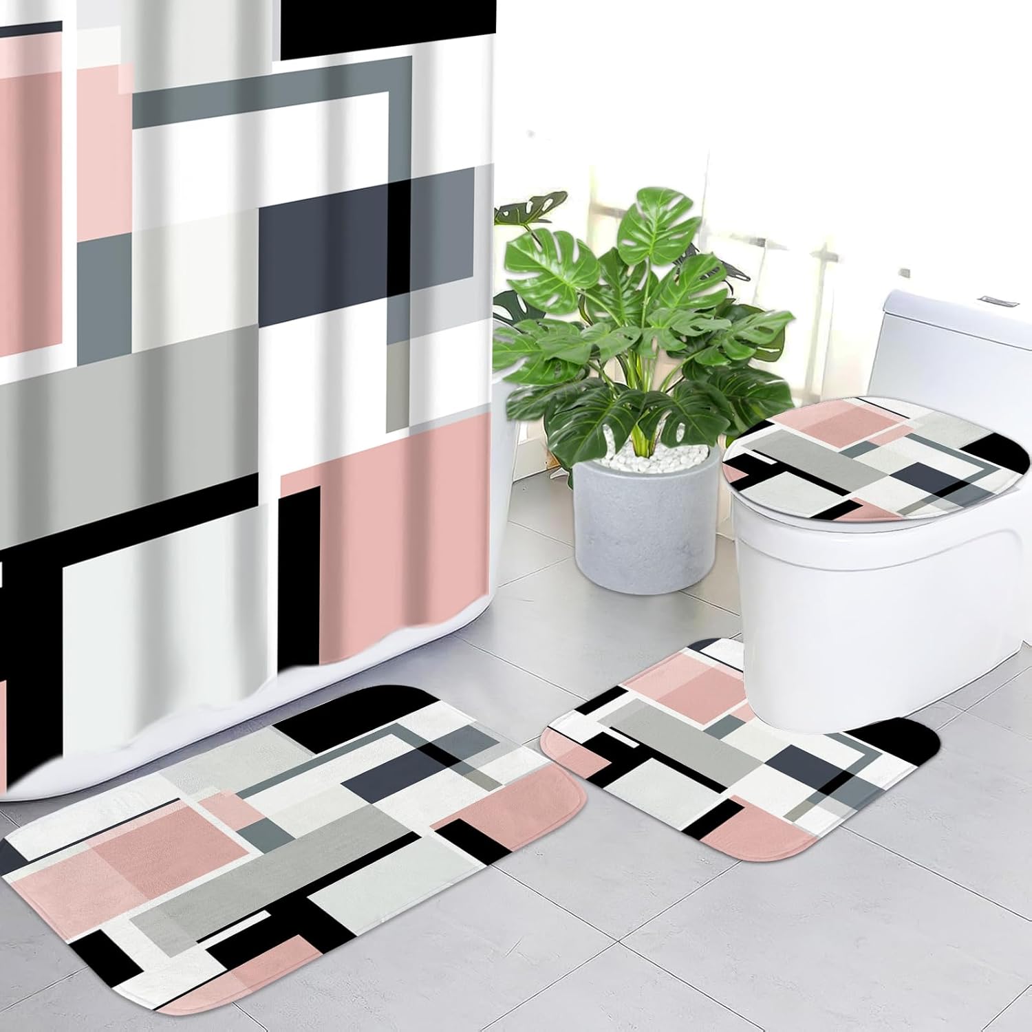 4-Piece Pink Geometric Bathroom Set with Shower Curtain and Rugs