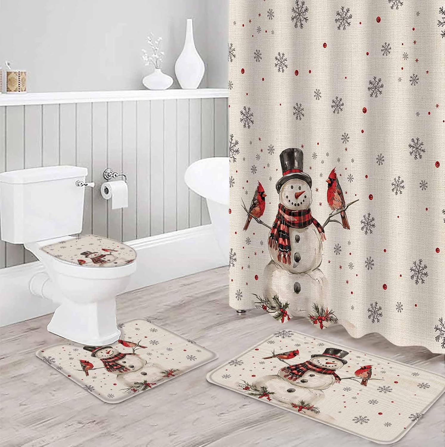 4-Piece Snowman Christmas Bathroom Set with Non-Slip Rugs Shower Curtain