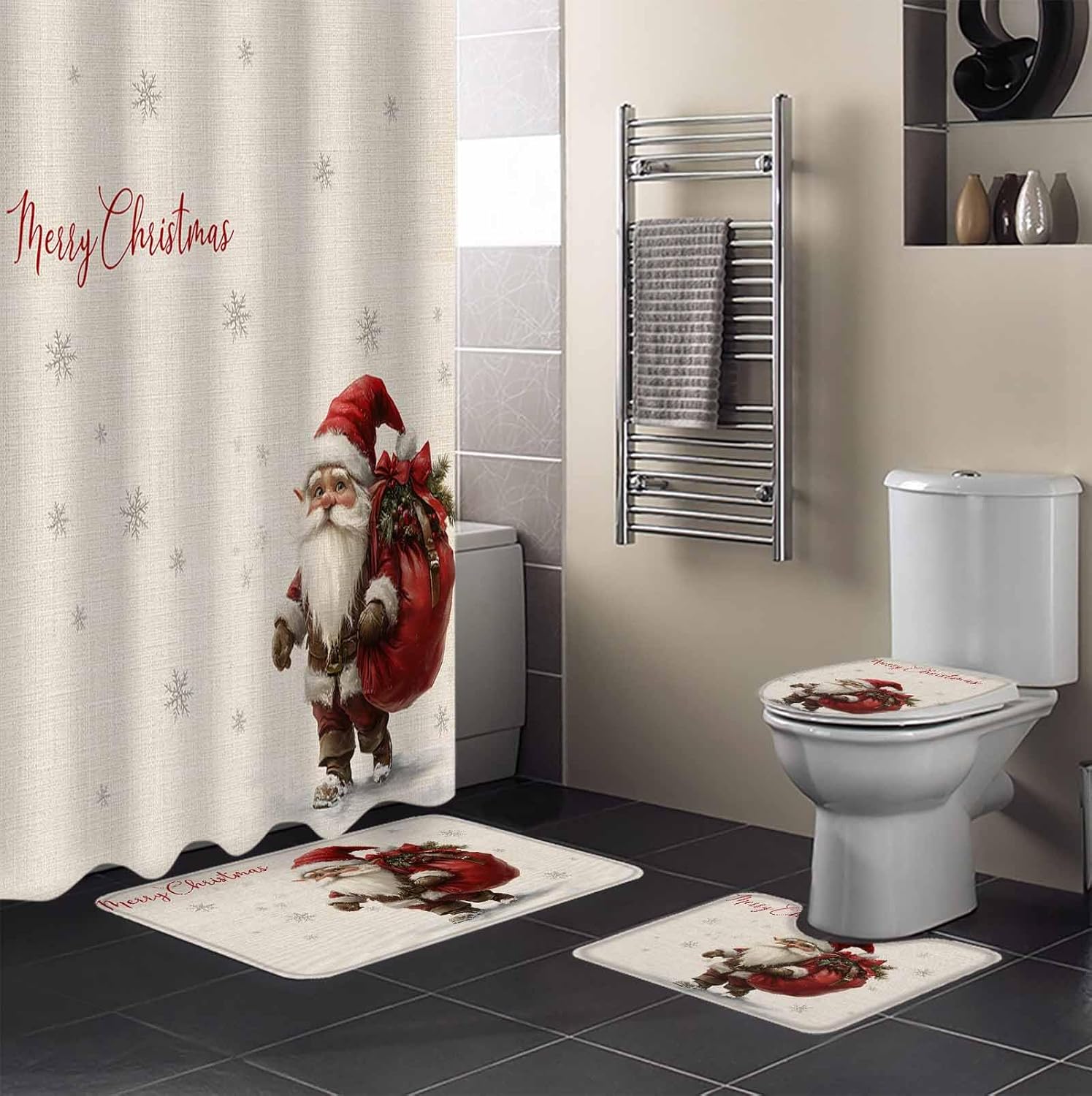 4-Piece Christmas Bathroom Set Retro Santa Accessories