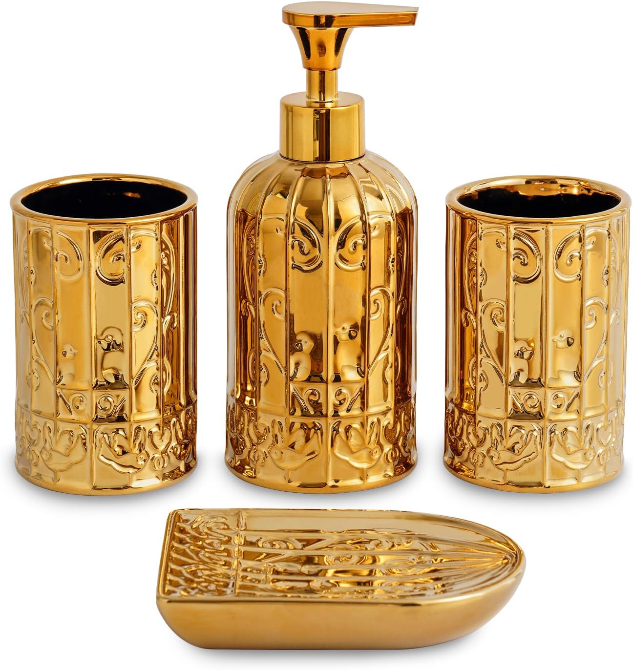 Gold Bathroom Accessory Set with Ceramic Birdcage Design