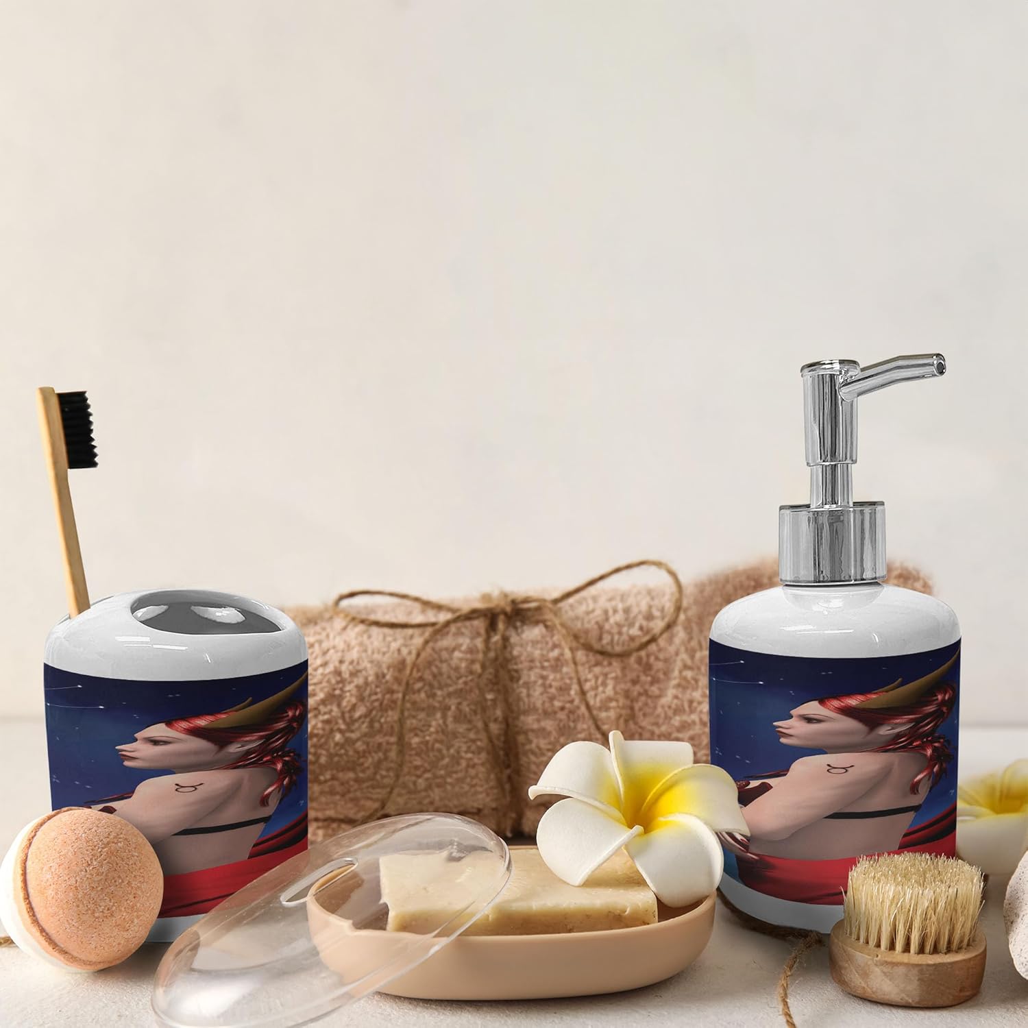 Ambesonne Taurus astrology soap dispenser toothbrush holder set