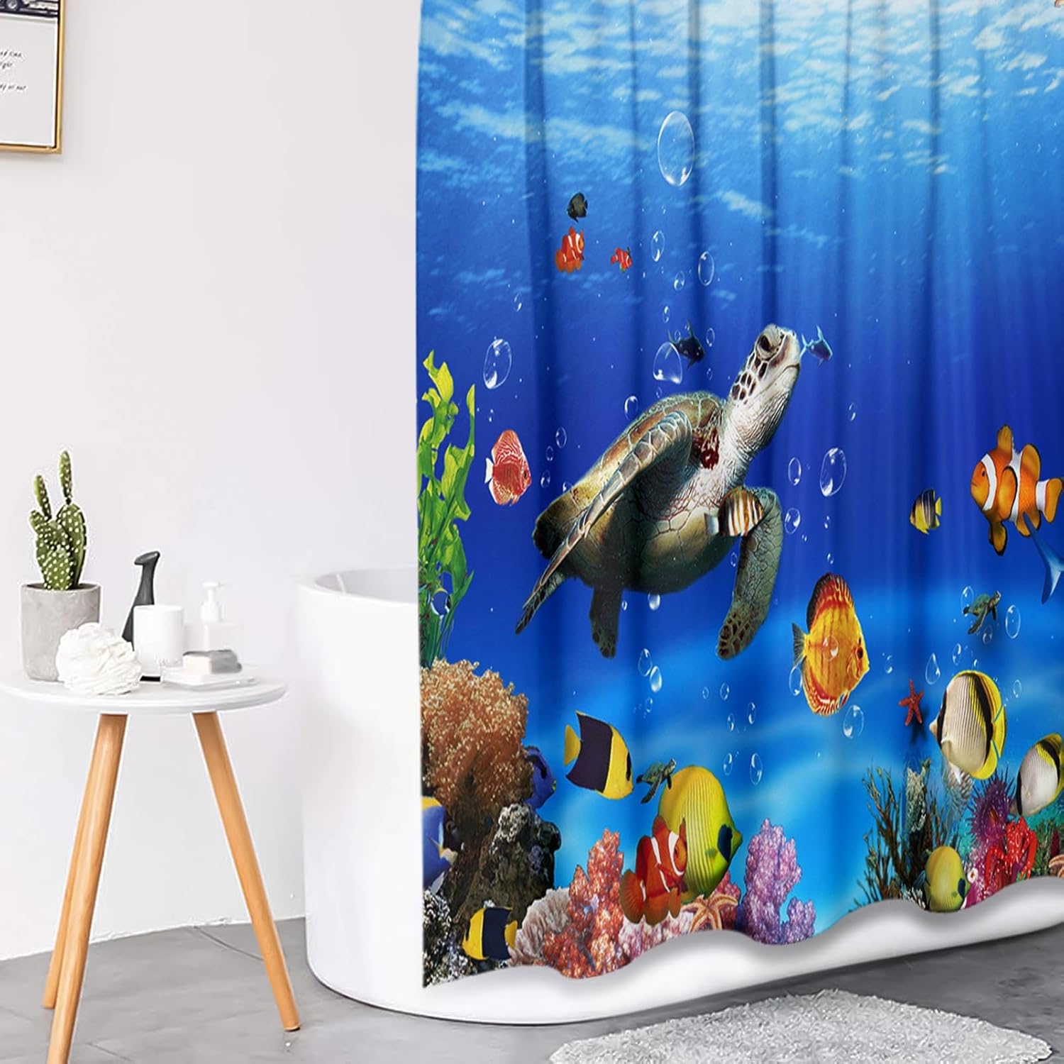 Tropical Fish Shower Curtain Set with 4 Pcs and 12 Hooks