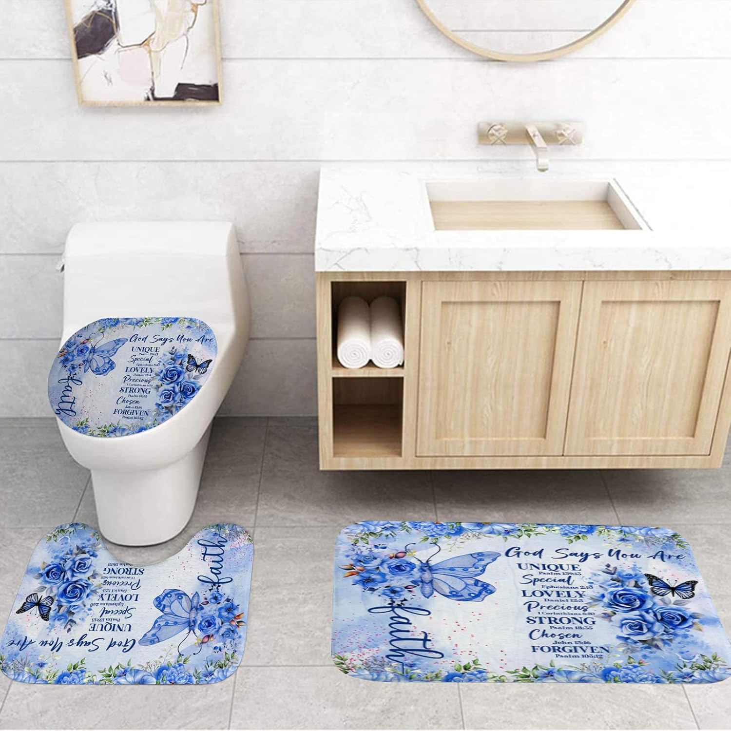 EMHOMEBlue Butterfly Inspirational Quotes 4-Piece Bathroom Set with Rugs Cover Mat