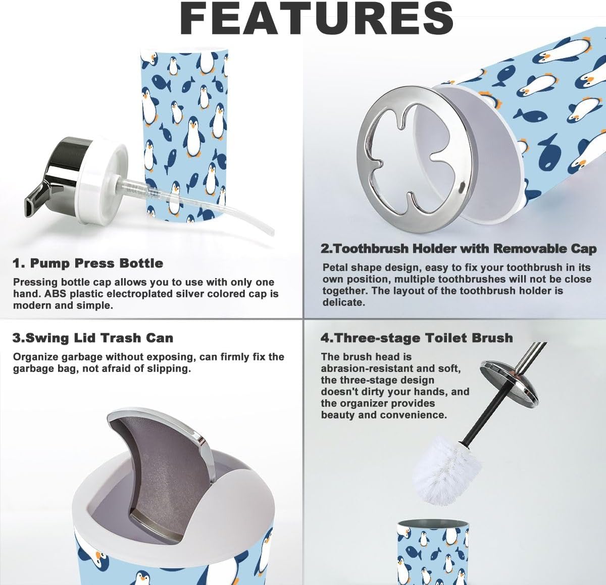Penguin Small Fish Bathroom Accessories Set 6 Pcs