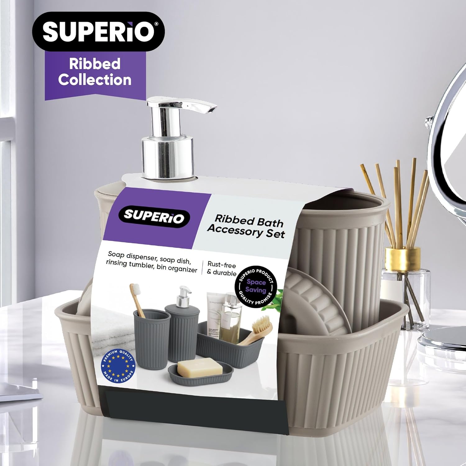 Elegant Taupe Bath Organizer Set with 4 Essential Pieces