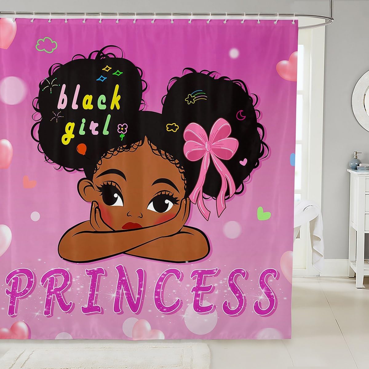 Magical Black Girls Waterproof Bath Curtain Little Princess Kids Shower Curtain