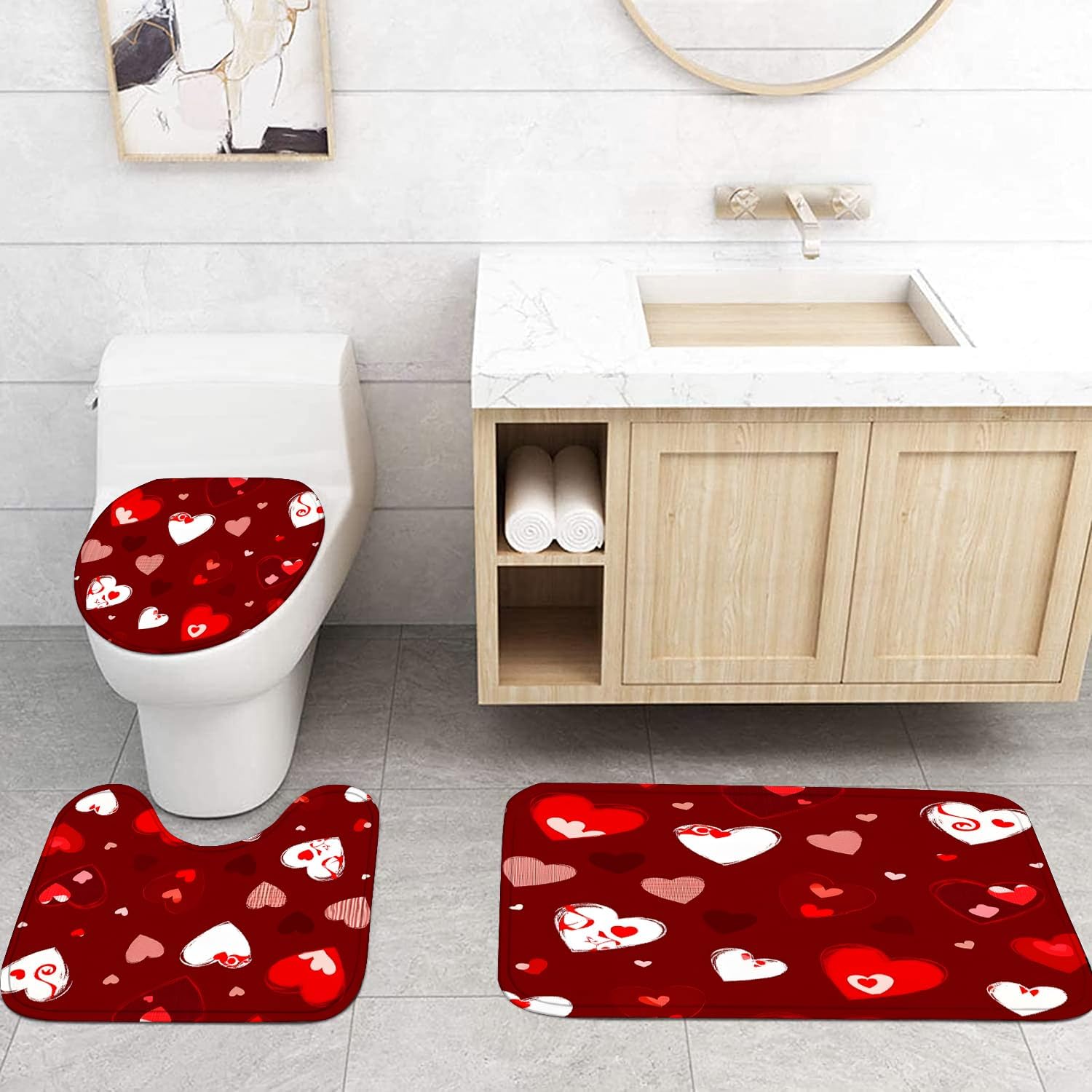 4 Pcs Red Heart Shower Curtain Set with Rugs and Hooks