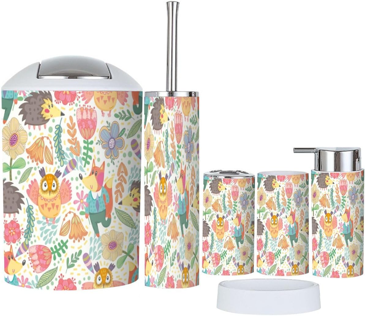 JBNJANKDAV 6-Piece Seamless Patterned Bathroom Accessories Set with Fox Owl Design