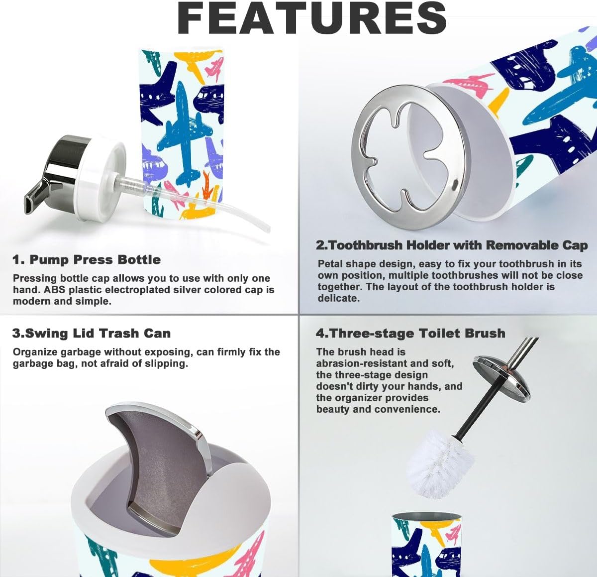6 Piece Kids Bathroom Accessory Set with Airplane Pattern