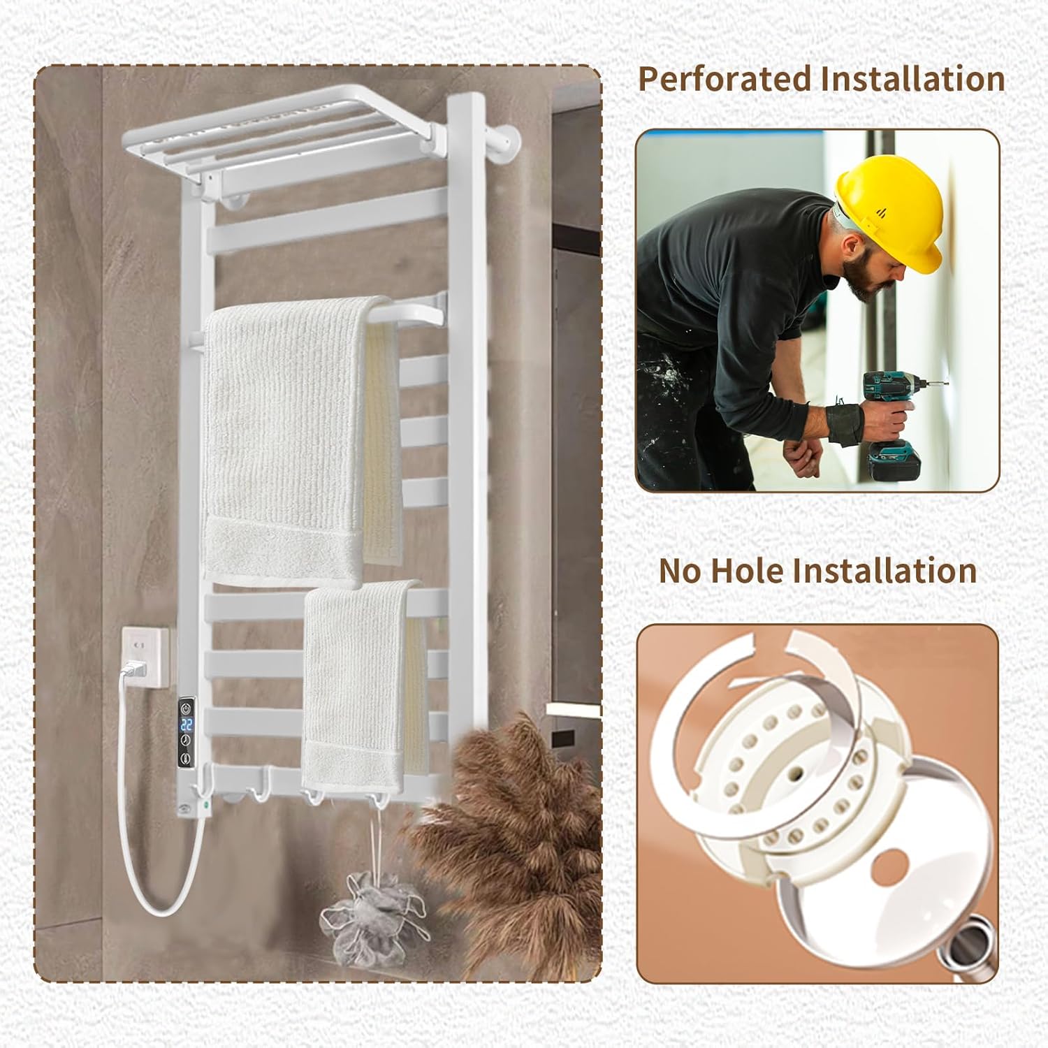 Heated Towel Rack with Shelf and Timer for Bathroom White