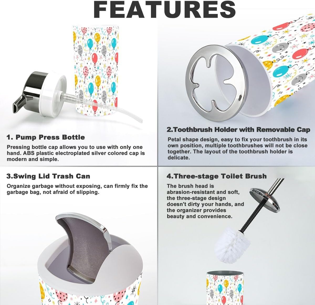 6 Piece Festive Bathroom Accessory Set with Cute Balloons Stars Doodles