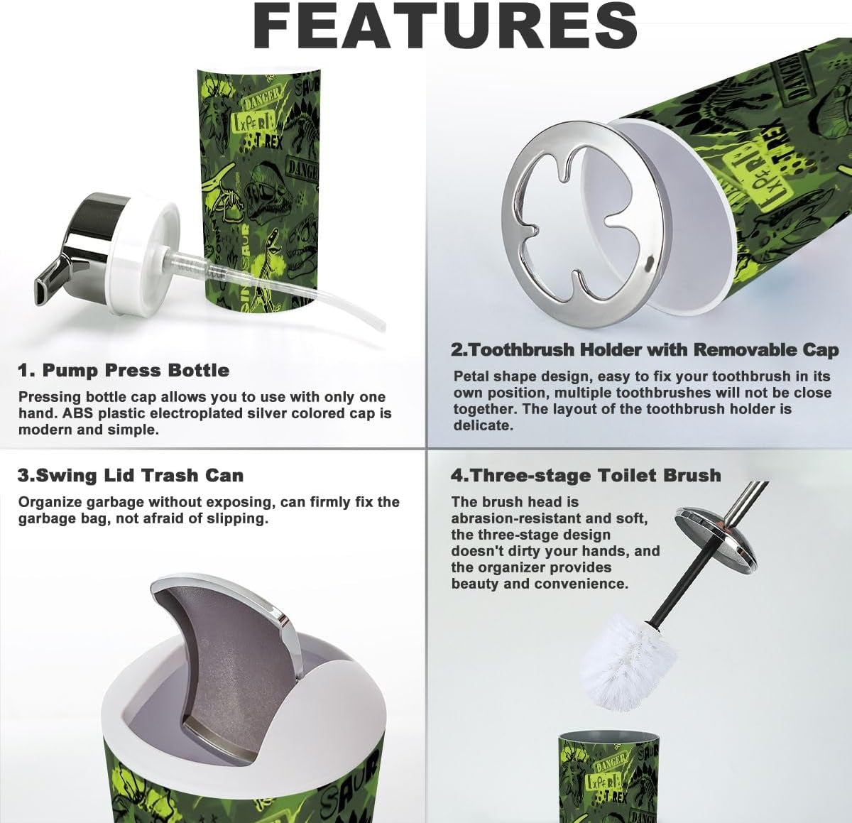 Bathroom Accessories Set 6 Pcs Durable Camouflage Dino Pattern Print