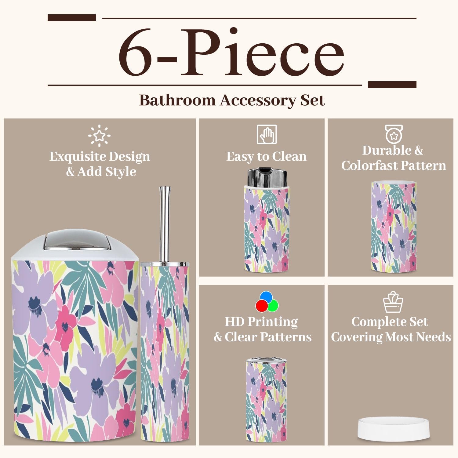 Colorful Trendy Floral Bathroom Accessory Set