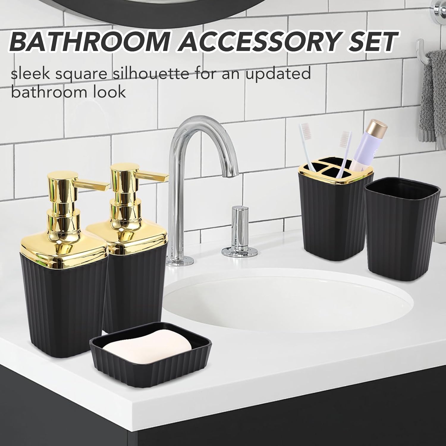 Premium Black Gold Bathroom Set 9 Essentials for Compact Space