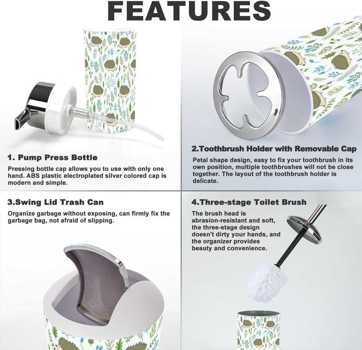 Bathroom Accessories Set 6 Pieces Cute Hedgehogs Floral Design