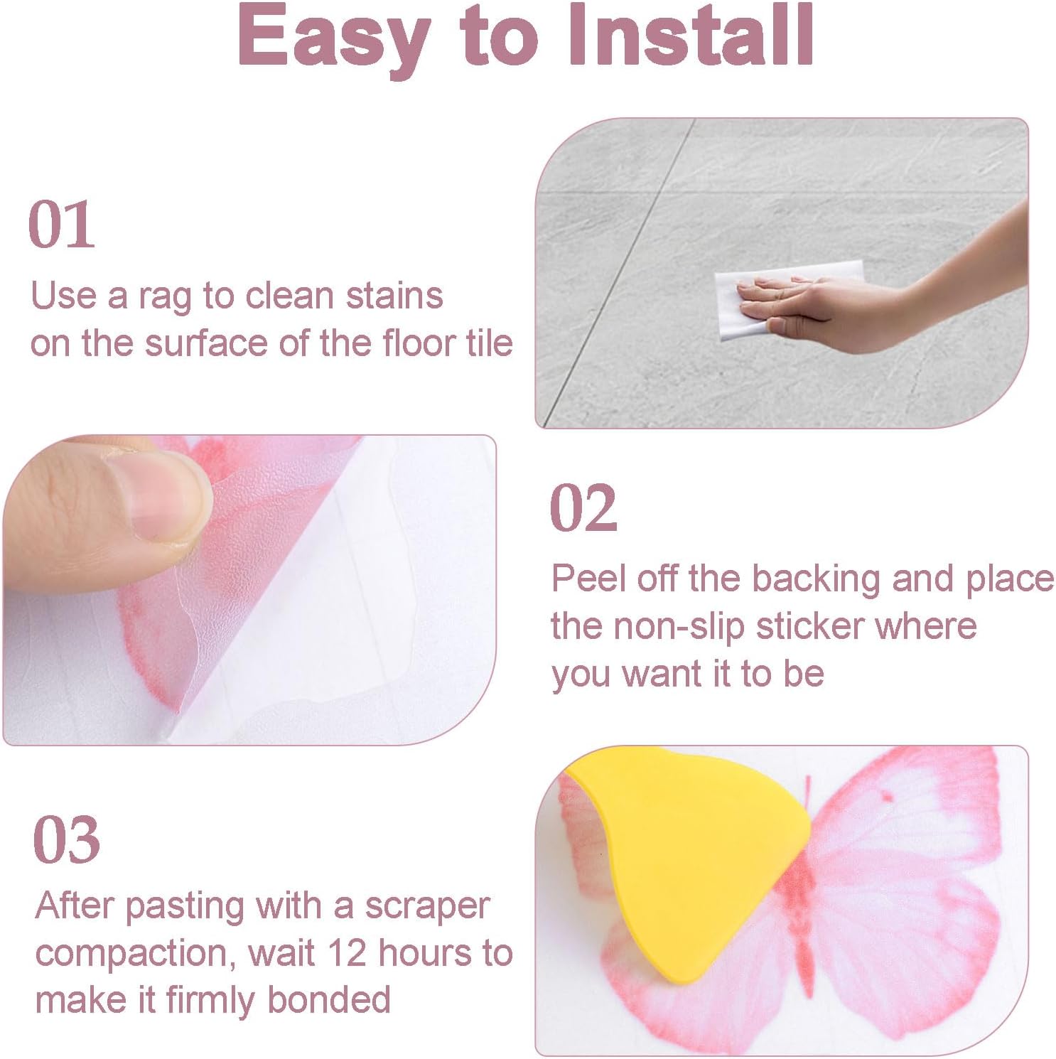 Non Slip Bathtub Stickers 6PCS Pink Butterfly Anti-Slip Decals with Scraper
