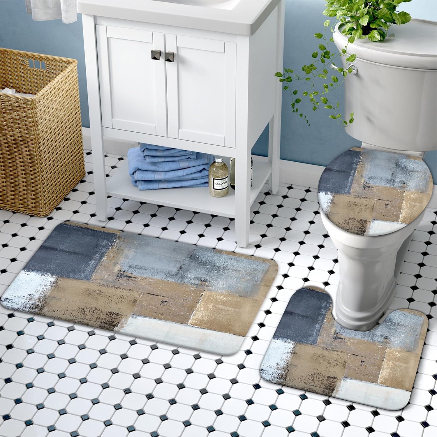 Lnond 4Pcs Bathroom Accessory Set with Shower Curtain and Rugs