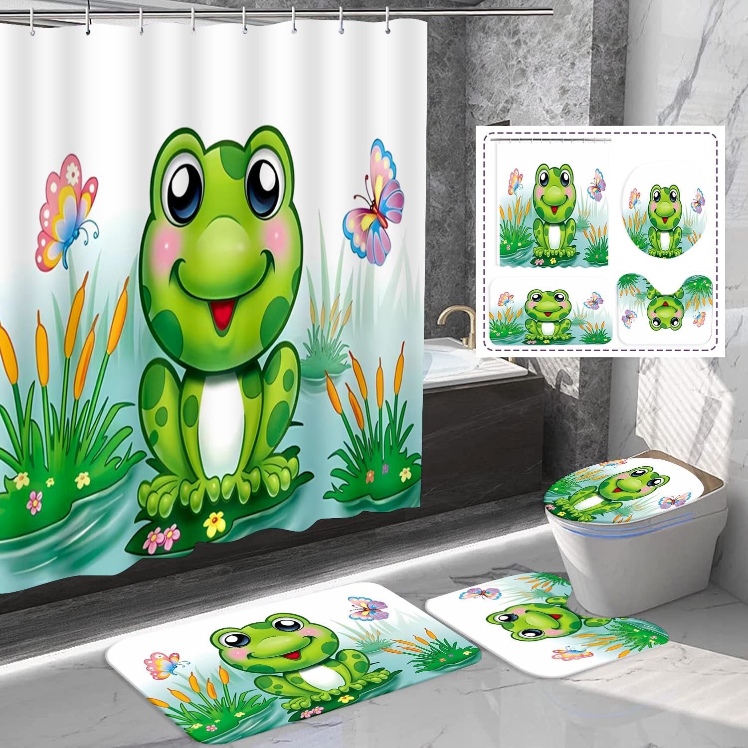 4Pcs Funny Frog Shower Curtain Set with Bathroom Mat for Home