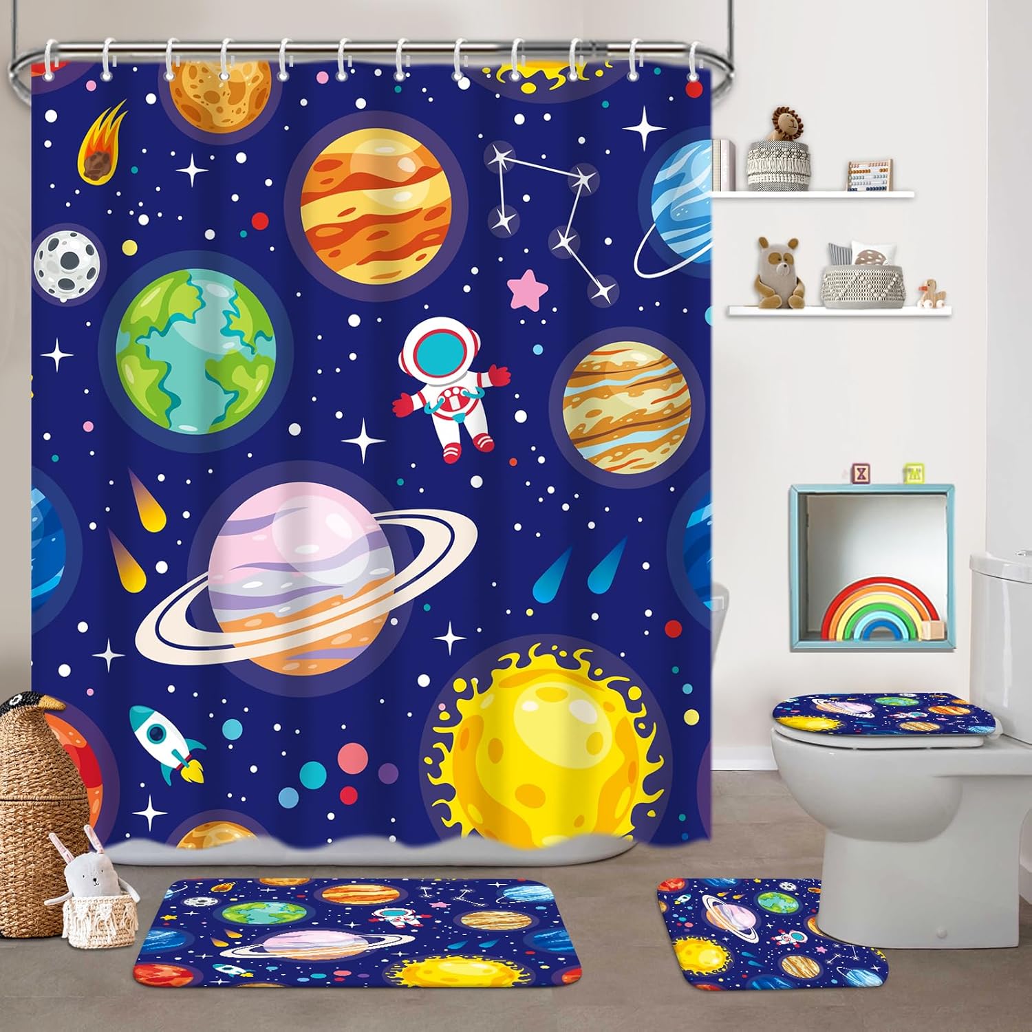 Kids Bathroom Set with Outer Space Design and 12 Hooks