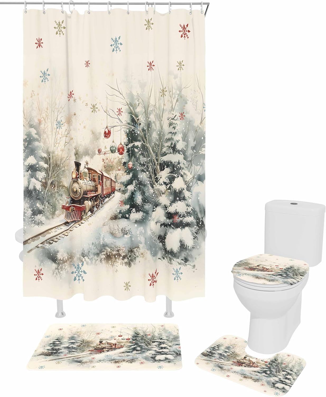 4PC Christmas Train Forest Shower Curtain Set with Non-Slip Rugs
