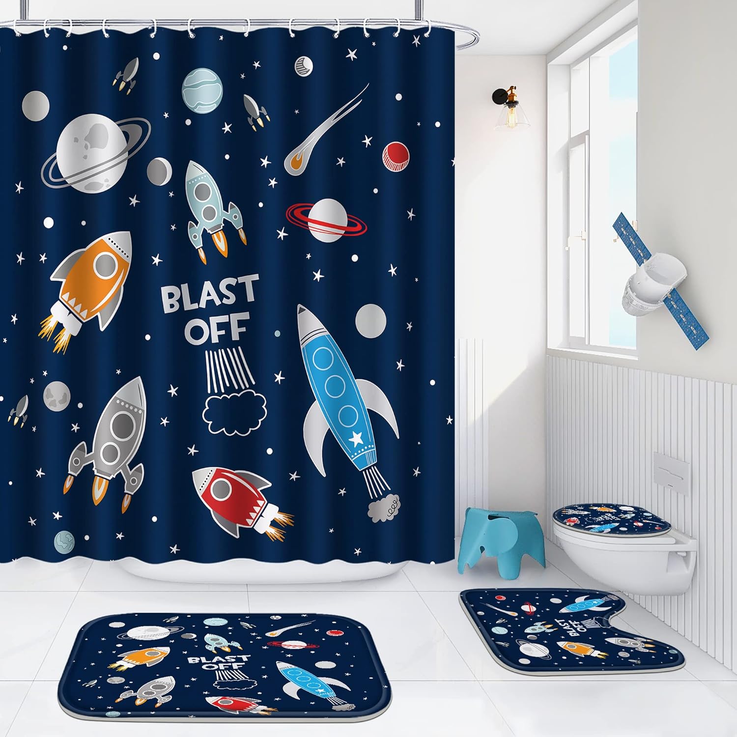Poedist 4Pcs Cosmic Space Shower Curtain Set with Rugs and Hooks