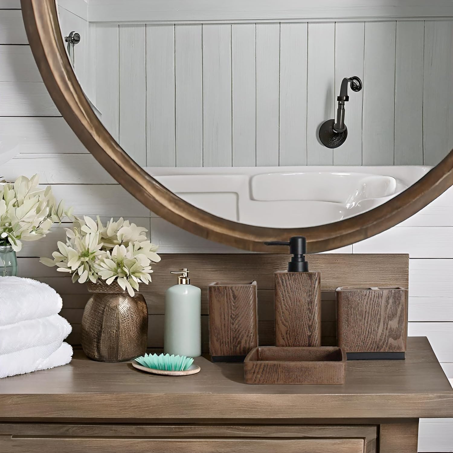 Hymmah Wood Grain Bathroom Accessory Set 4 Pcs