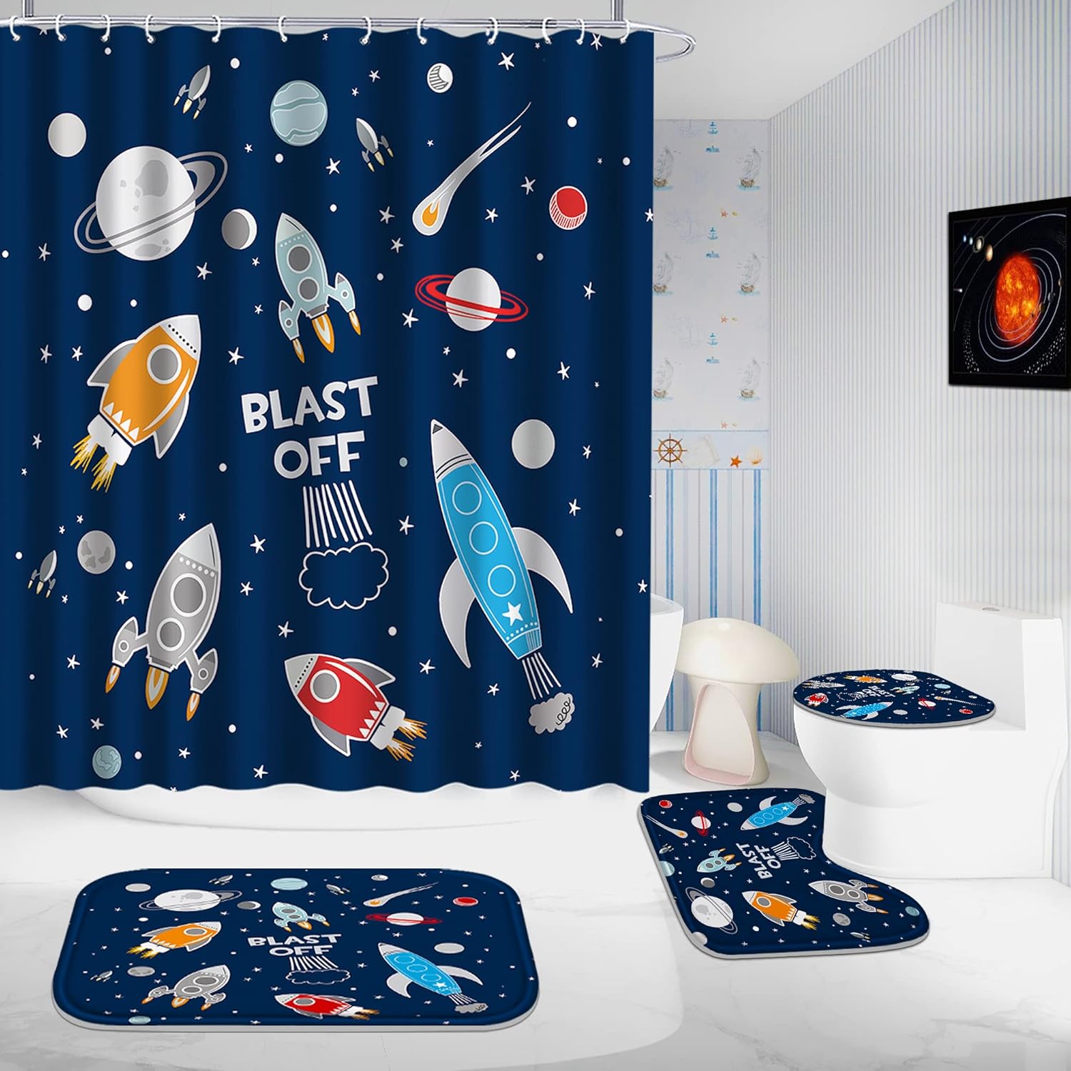 Poedist 4Pcs Cosmic Space Shower Curtain Set with Rugs and Hooks
