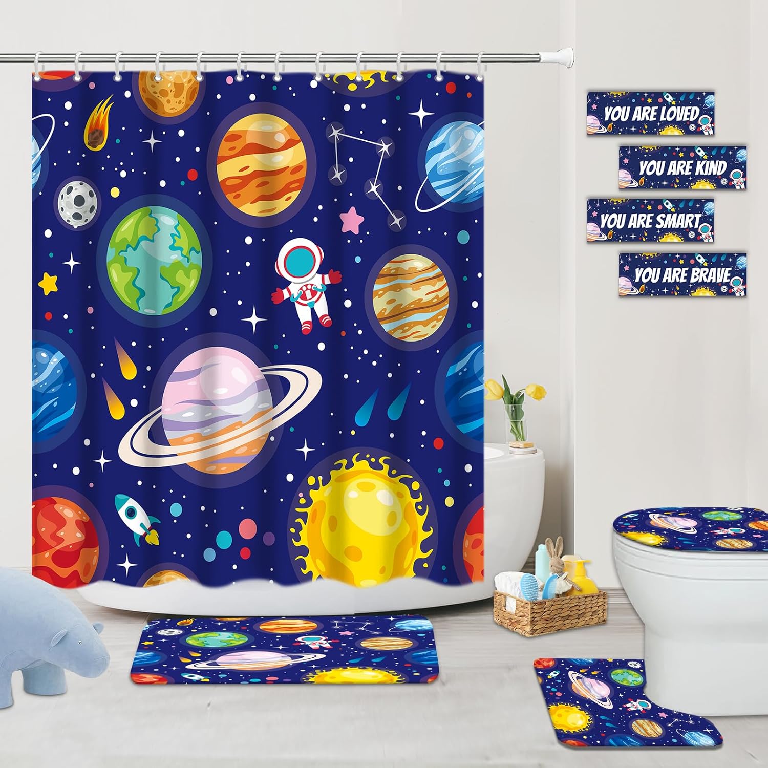 Kids Bathroom Set with Outer Space Design and 12 Hooks