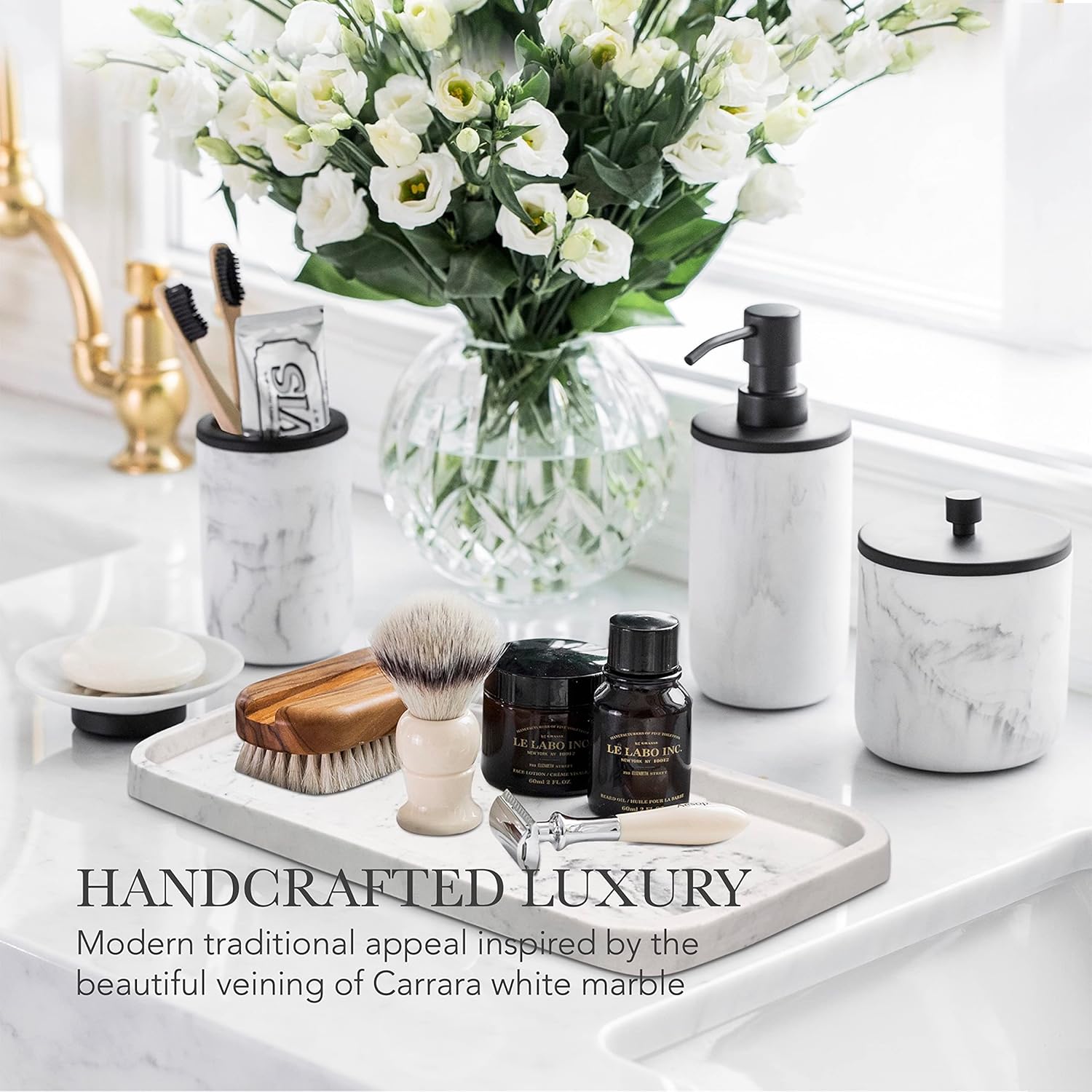Elegant Marble Matte Black Bathroom Set