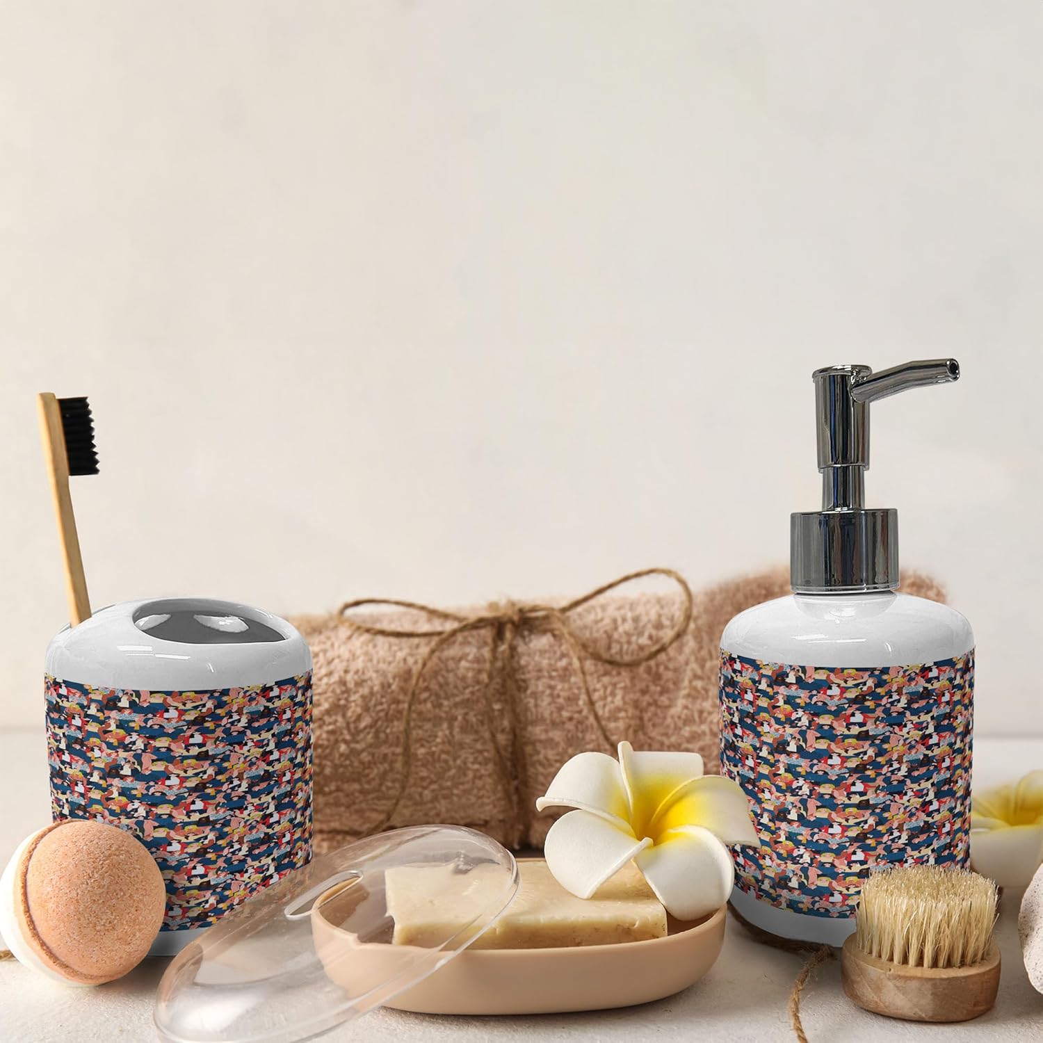 Bathroom Accessory Set - Toothbrush holder soap dispenser by Ambesonne
