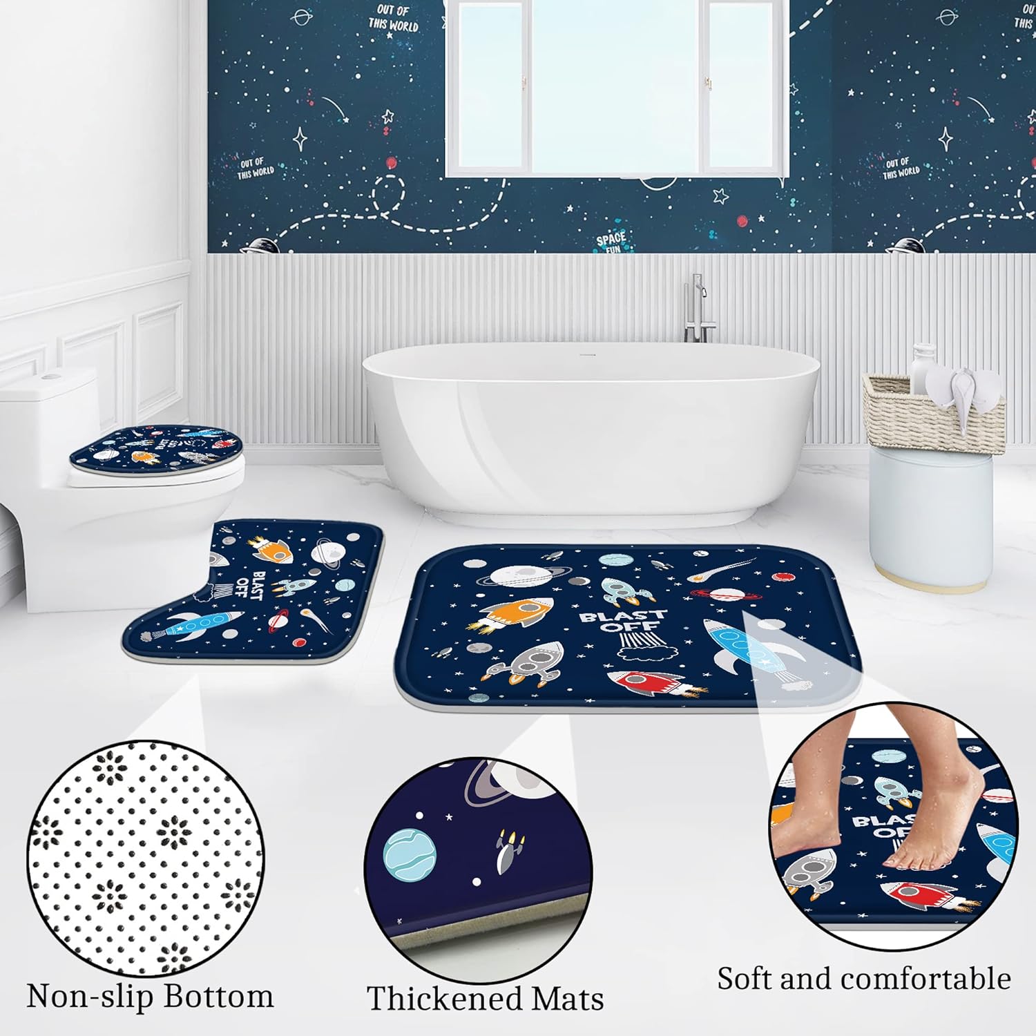 Poedist 4Pcs Cosmic Space Shower Curtain Set with Rugs and Hooks