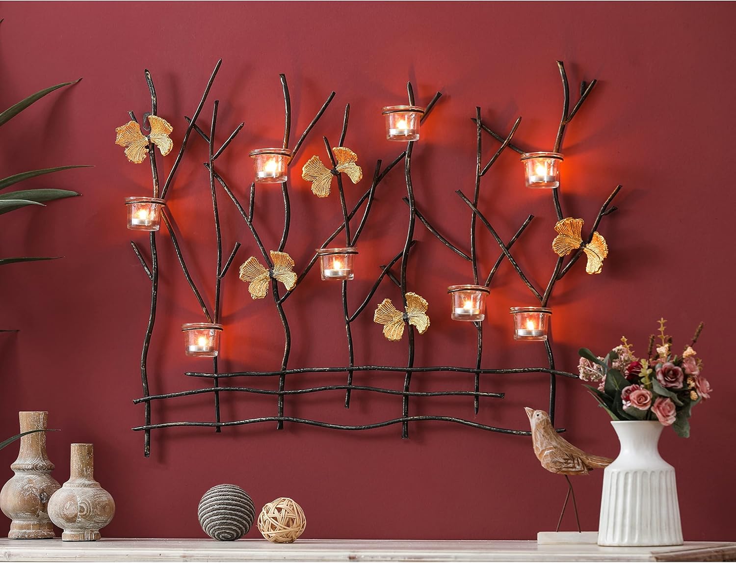 Glass Metal Branches Wall Tea Light Holder Black Gold Farmhouse