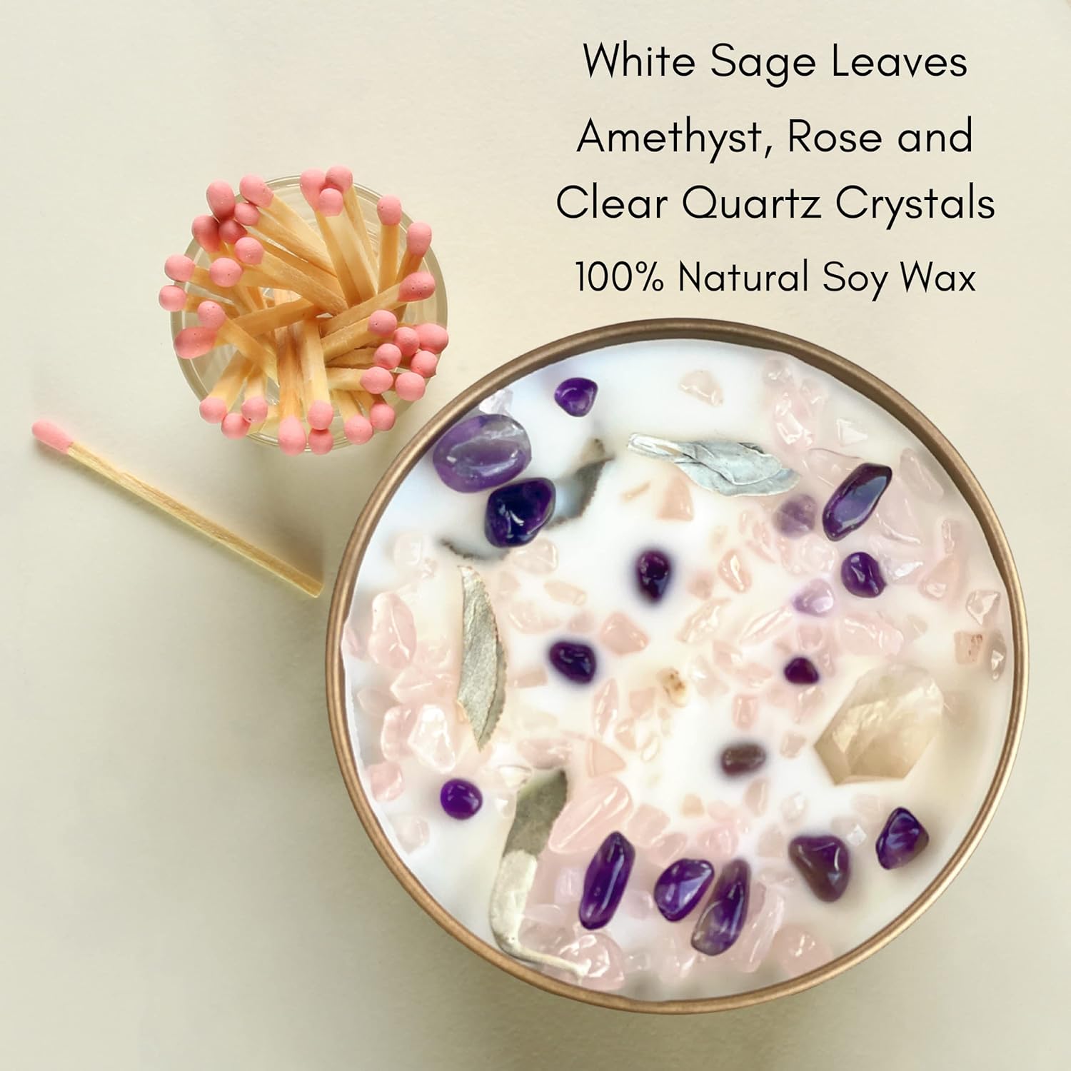 White Sage Candle with Rose Clear Quartz Crystals