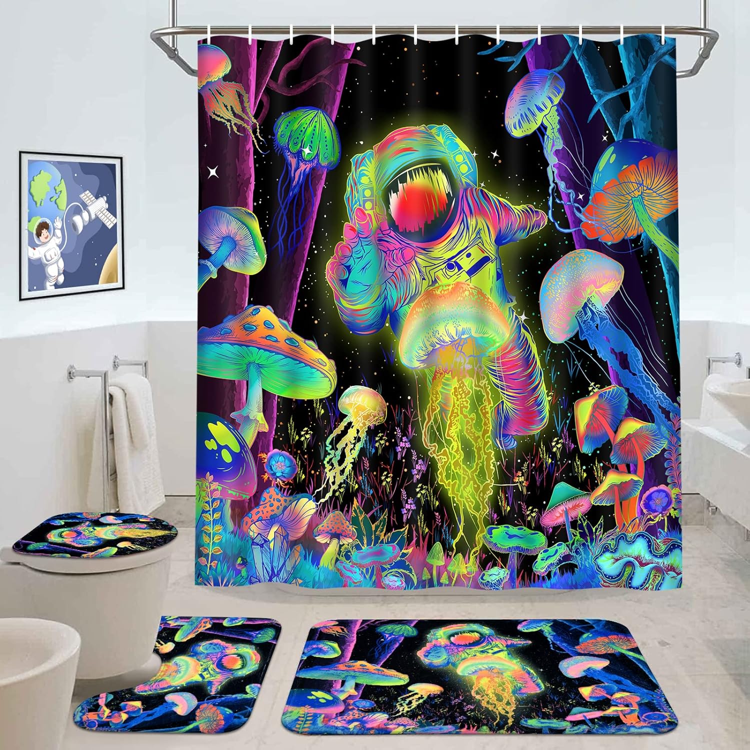Alishomtll Blacklight Astronaut Kids Shower Curtain Set with Rugs