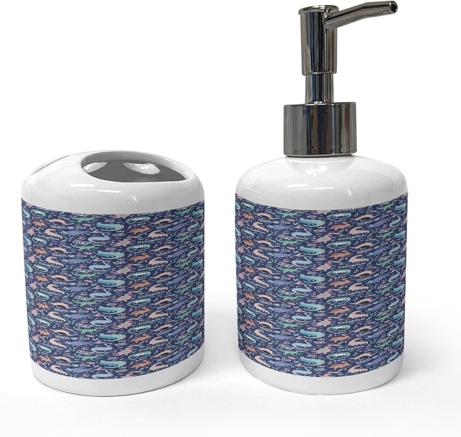 Ambesonne Dinosaur Collection - Ceramic Toothbrush Holder Soap Dispenser Set