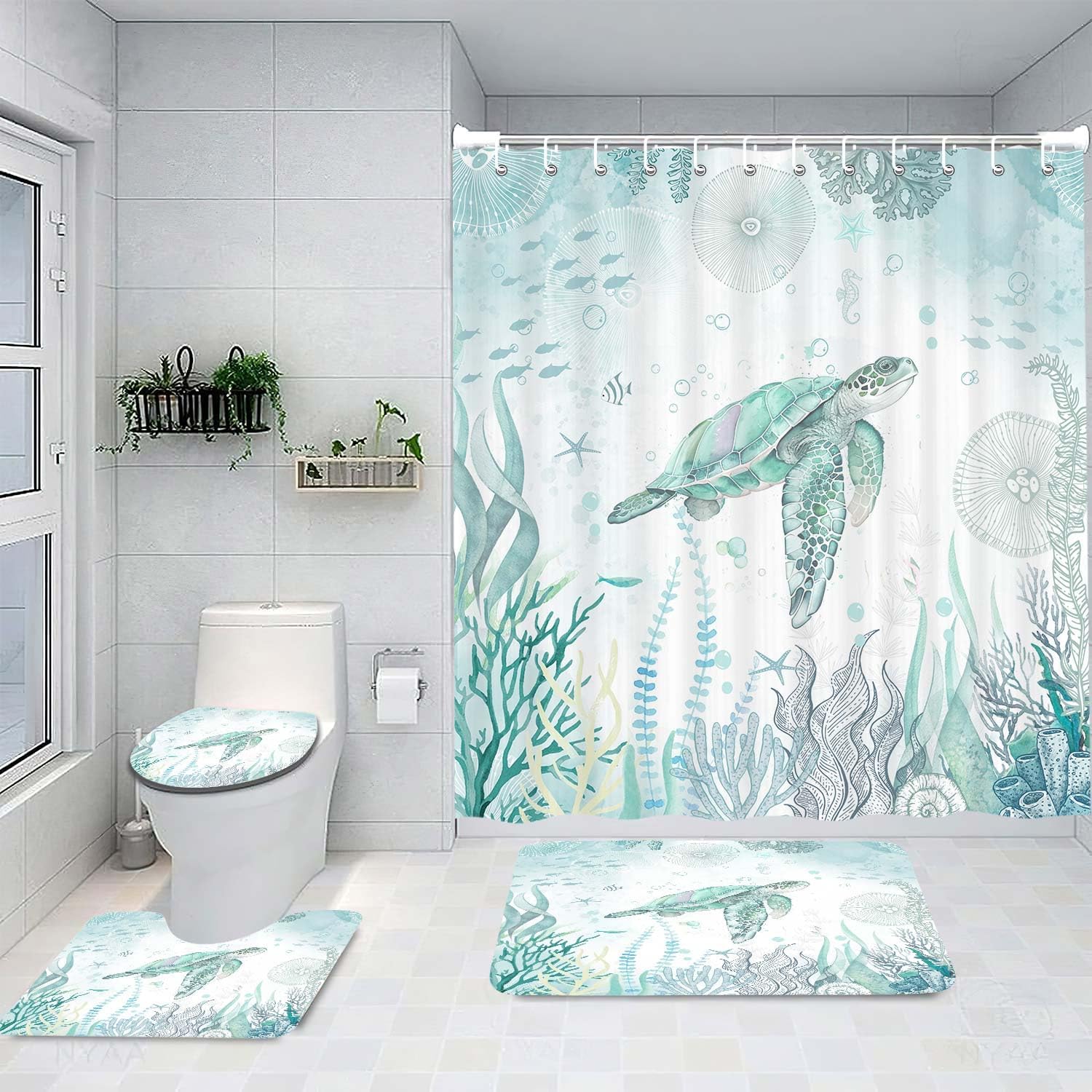 4-Piece Seahorse Shower Curtain Set