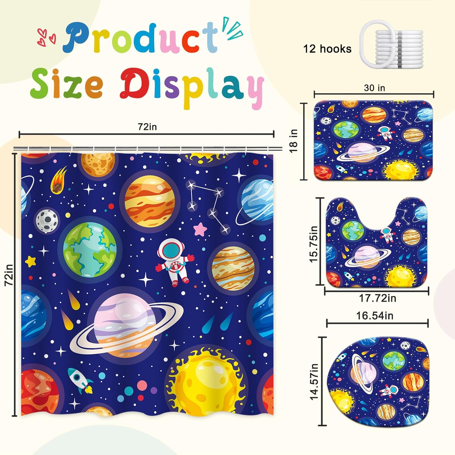 Kids Bathroom Set with Outer Space Design and 12 Hooks
