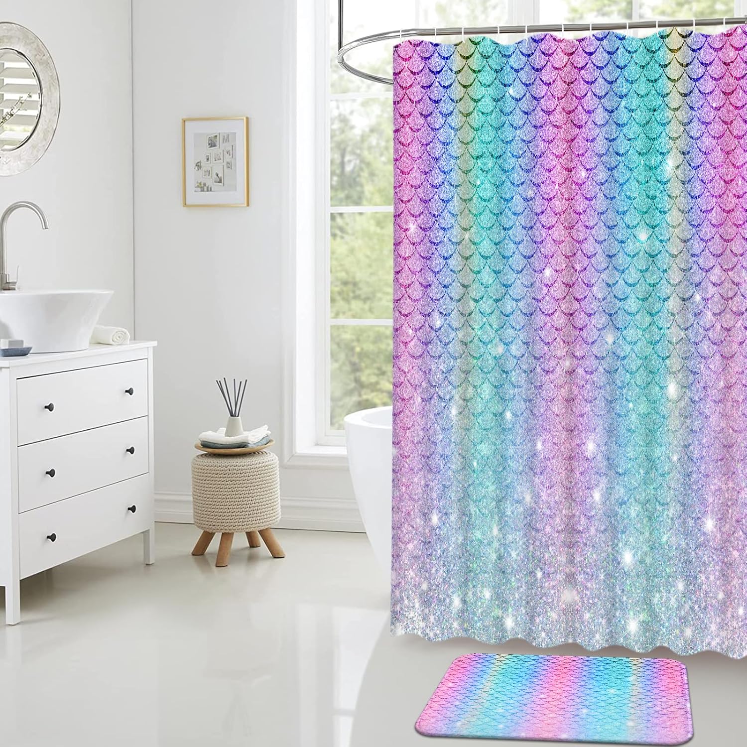 Alishomtll 4-Piece Mermaid Rainbow Kids Bathroom Set with Glitter