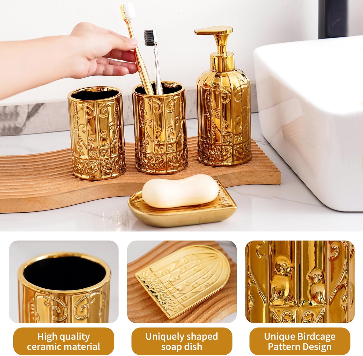 Gold Bathroom Accessory Set with Ceramic Birdcage Design