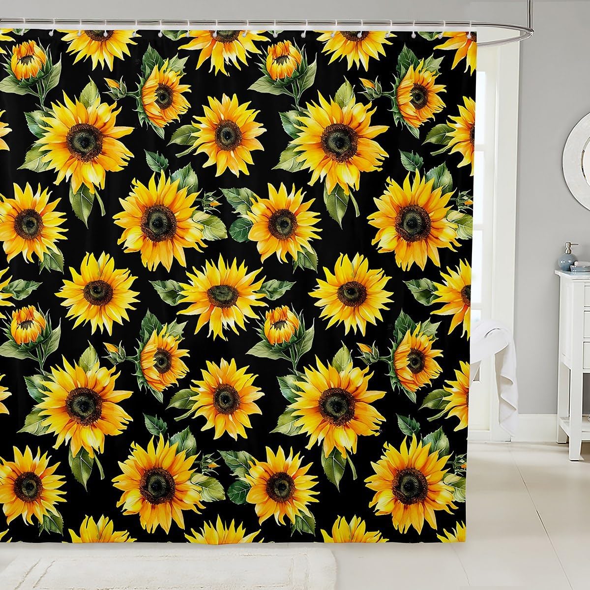 Feelyou Black Sunflowers Bath Curtain Yellow Floral Botanical 72x72