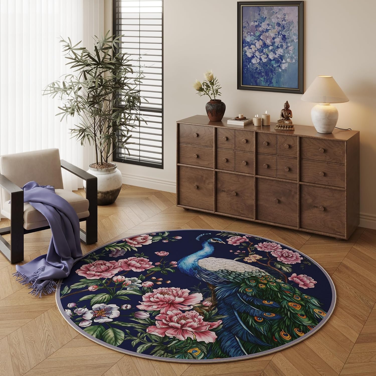 Vowkten Round Rug 4ft Cobalt Blue Washable