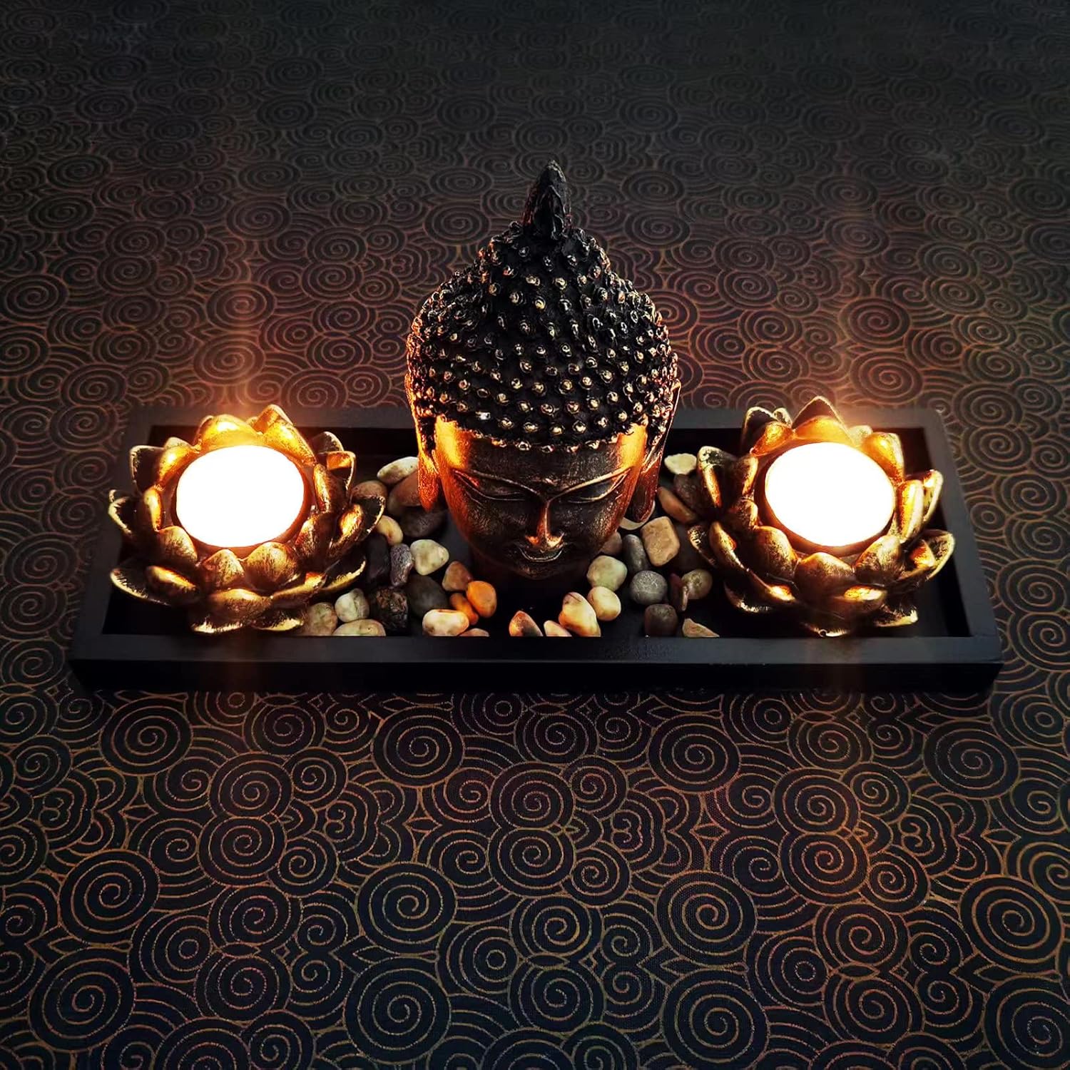 Buddha Head Sculpture Lotus Flower Tealight Candle Holders Zen Garden Set