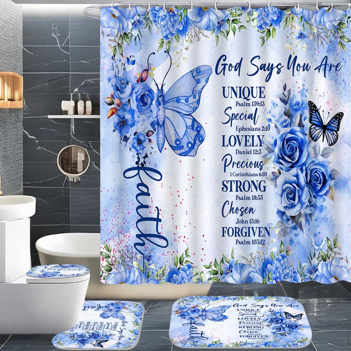 EMHOMEBlue Butterfly Inspirational Quotes 4-Piece Bathroom Set with Rugs Cover Mat