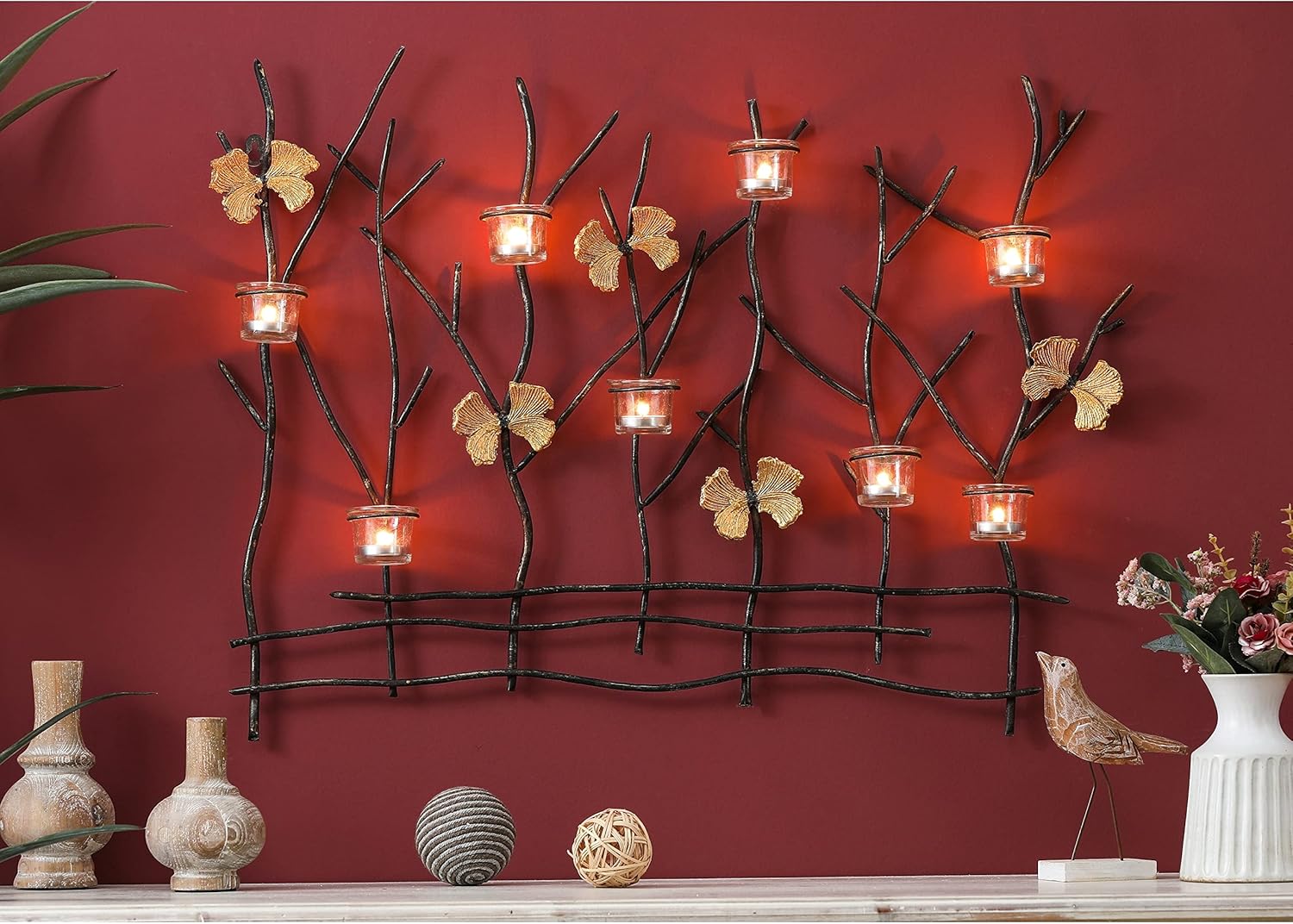 Glass Metal Branches Wall Tea Light Holder Black Gold Farmhouse
