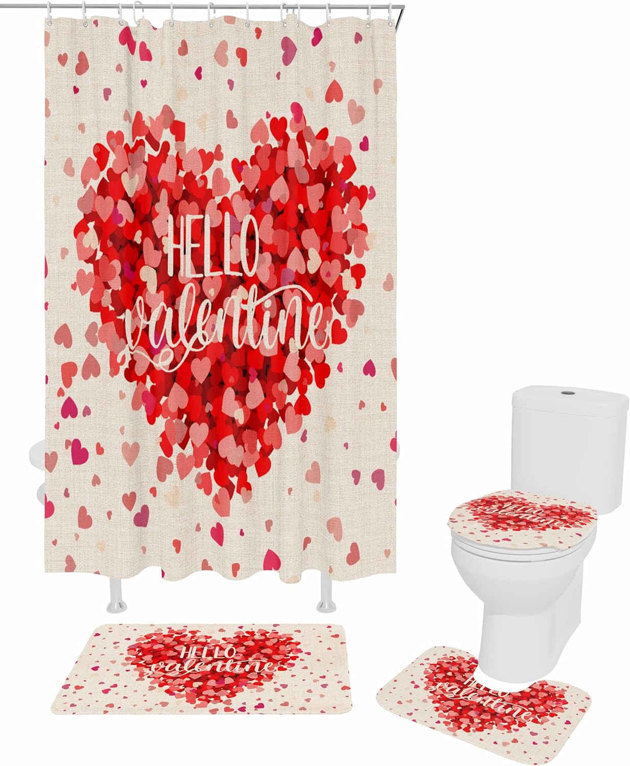 Retro Love Heart red and pink combo shower curtain set